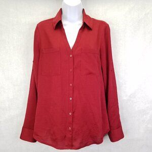 Express Portofino Button Up Camp Shirt Women's M Sleeve Slim Fit Red Pockets